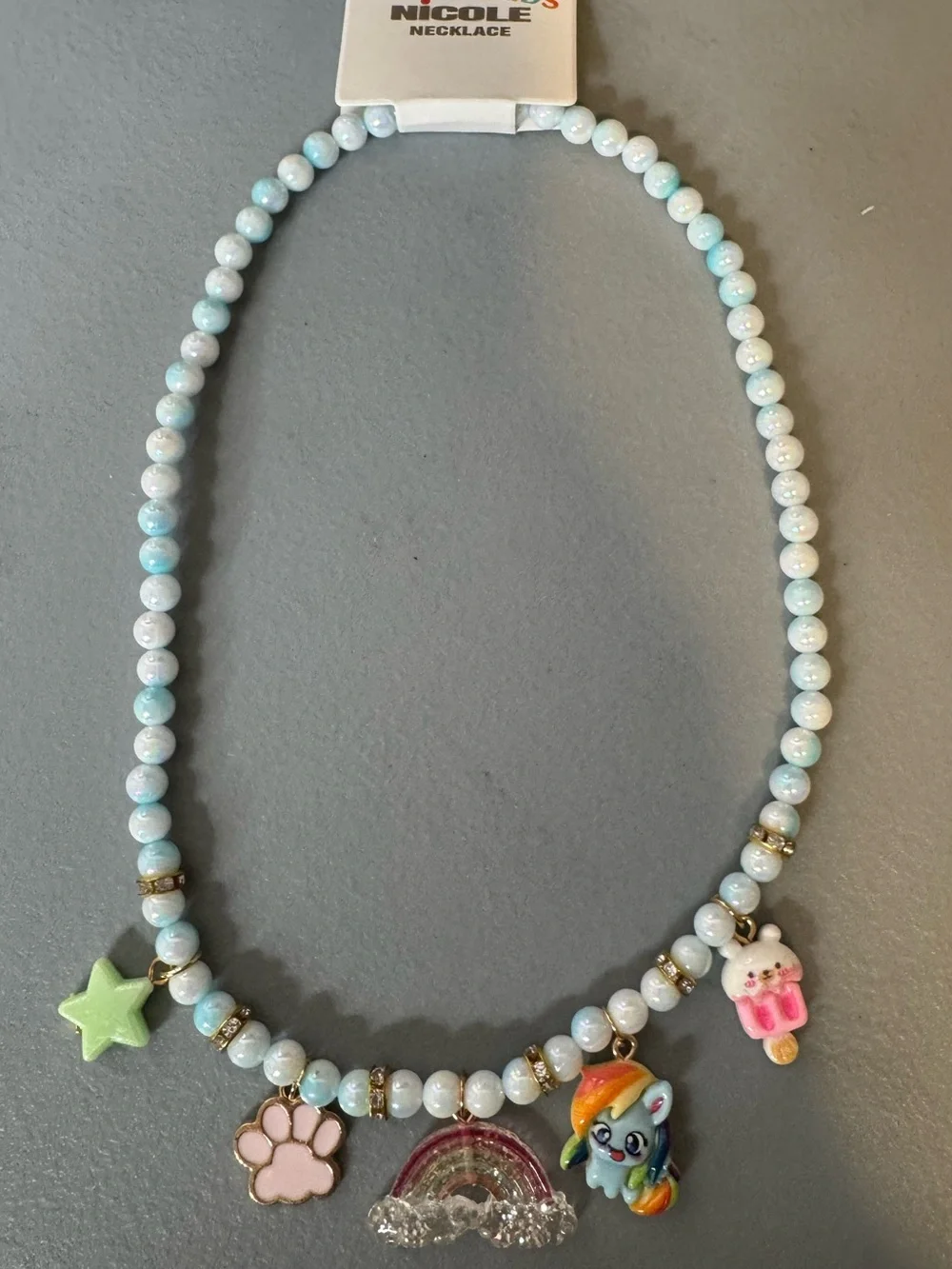 Nicole Pastel Blue & White Beaded Kids Charm Necklace my little pony stretch